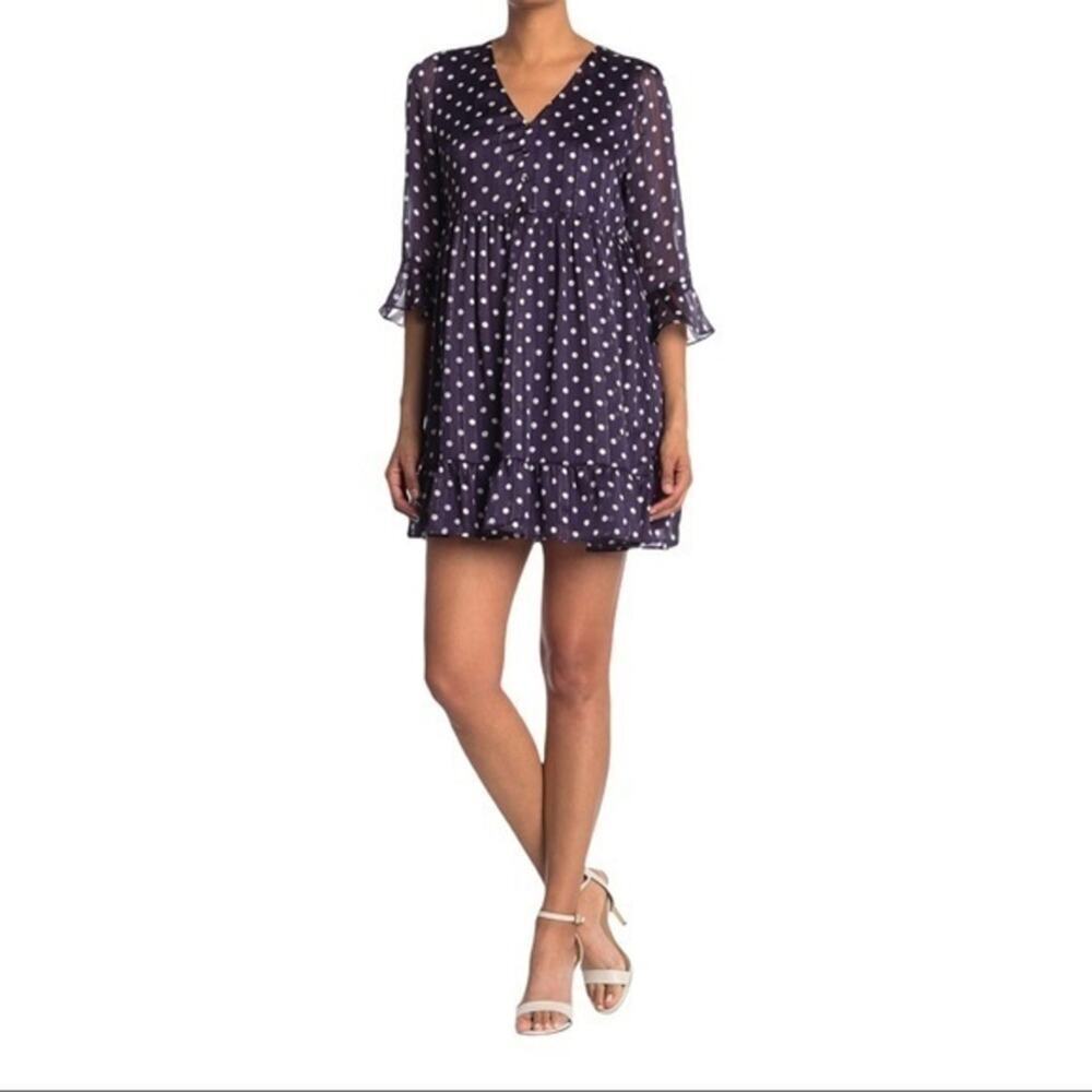 19 Cooper Navy White Polka‎ Dot Babydoll Mini Dress Bell Sleeve Ruffle NWOT Size